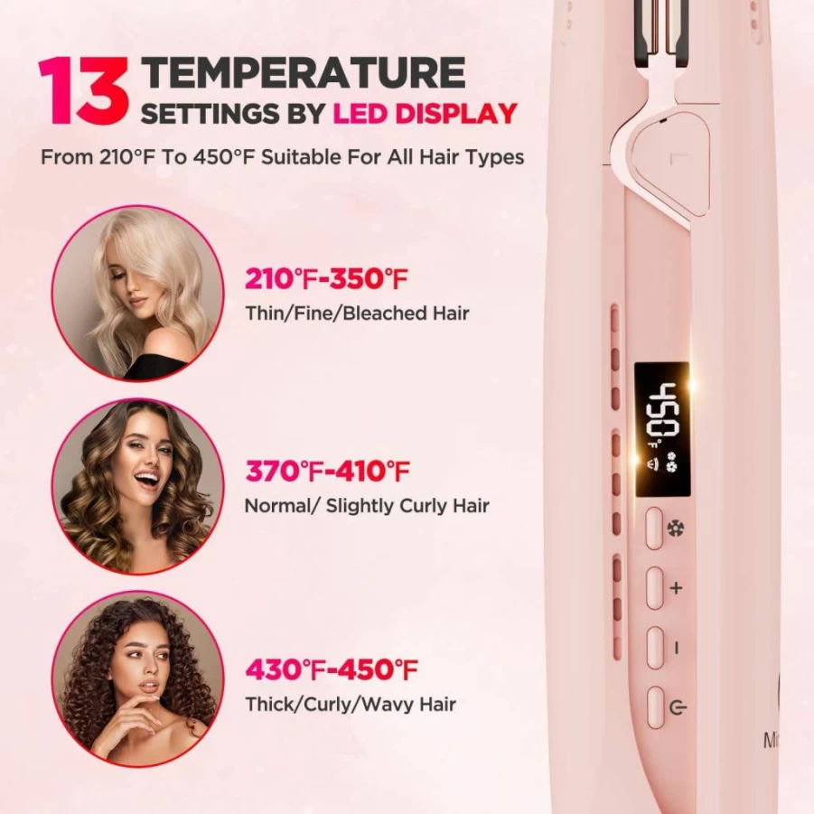 MiroPure Titanium 2-in-1 Curling Iron & Hair Straightener with 360 Airflow, Ionic Technology, 13 Temperature Settings, and Dual Voltage for Long Hair Styling