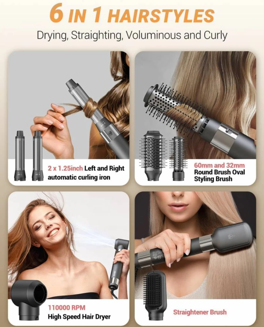 IBAYS 6-in-1 Hair Dryer Brush with Negative Ion Technology, High-Speed 110K RPM Blow Dryer for Frizz-Free Styling, Curling, Volumizing & Straightening