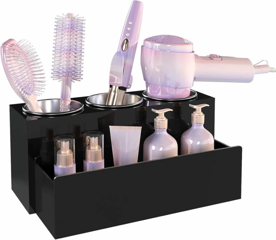 PITBVO Acrylic Hair Tool Organizer with 3 Detachable Cups, Countertop Vanity Storage for Hair Dryer, Curling Iron & Styling Tools, Bathroom Accessories (Matte White)