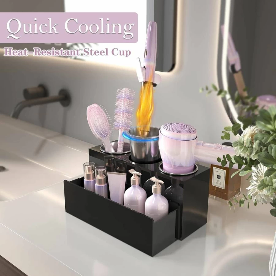 PITBVO Acrylic Hair Tool Organizer with 3 Detachable Cups, Countertop Vanity Storage for Hair Dryer, Curling Iron & Styling Tools, Bathroom Accessories (Matte White)