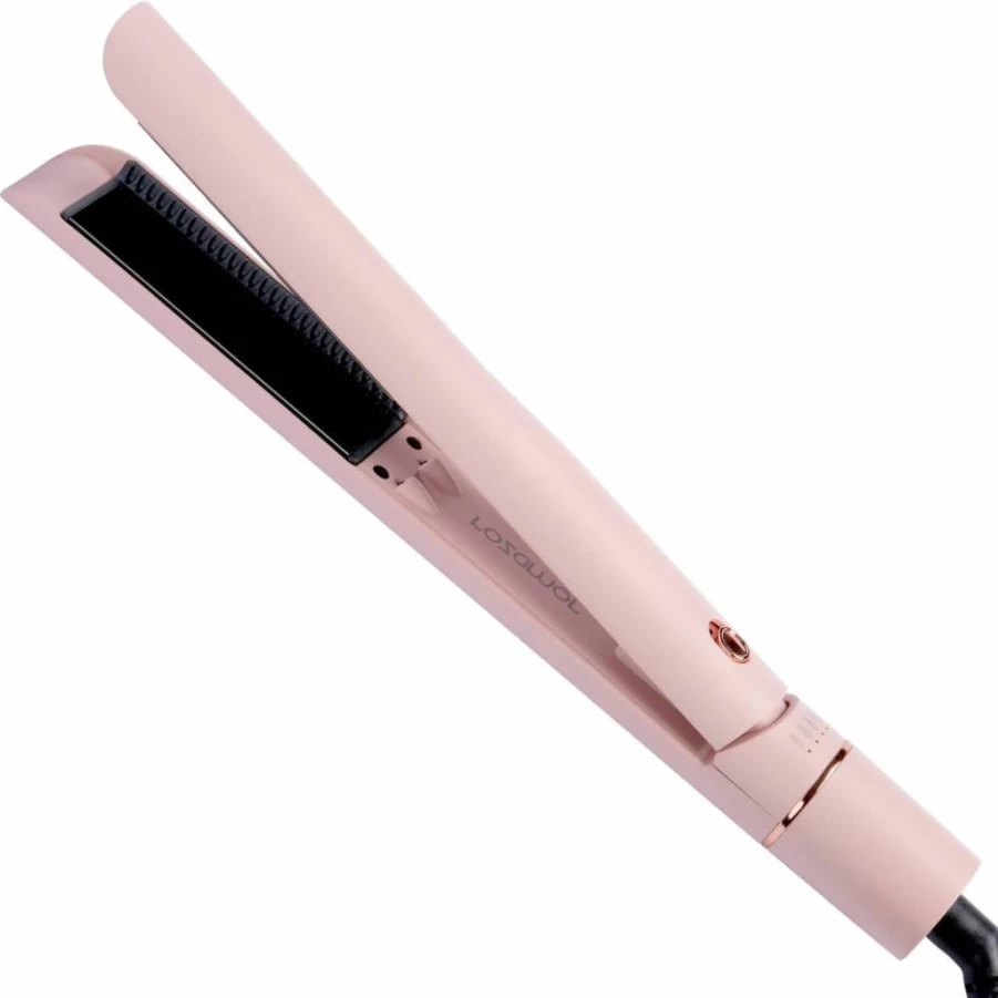 Rozamor Pink Titanium Hair Straightener & Curler 2-in-1 with Infrared Negative Ions, 1 Inch Anti-Scald Flat Iron for Long-Lasting Styles, Dual Voltage Styler