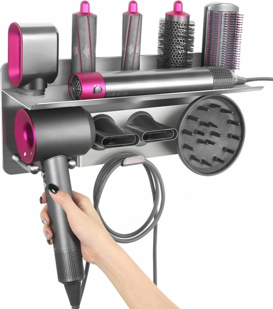 LandHope Hair Dryer Holder Wall Mount - 2-in-1 Organizer Stand for Dyson Supersonic & Airwrap, Fits Nozzles & Attachments, Bathroom Salon Storage Solution