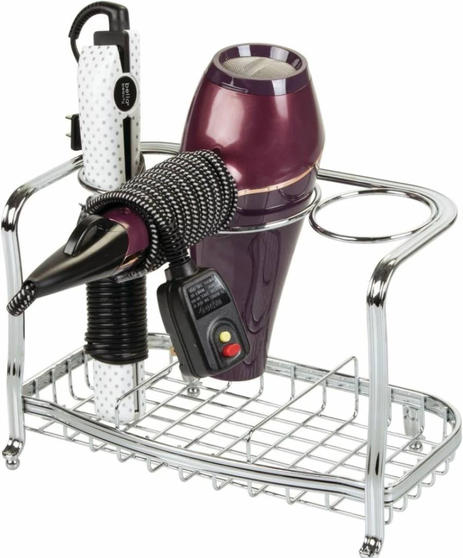 mDesign Chrome Bathroom Organizer - Countertop Storage Tray for Hair Tools, Dryer, Straightener, Curling Iron & Styling Products | Hyde Collection