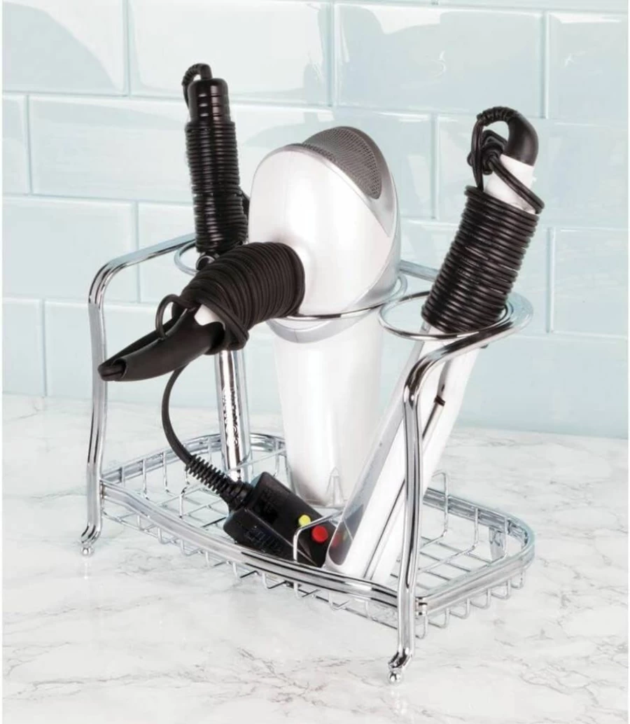 mDesign Chrome Bathroom Organizer - Countertop Storage Tray for Hair Tools, Dryer, Straightener, Curling Iron & Styling Products | Hyde Collection