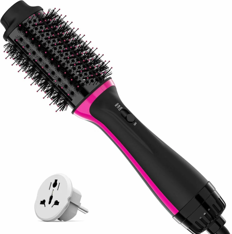 SHOSHE 3-in-1 Hair Dryer Brush with Negative Ion Technology, Ceramic Oval Hot Air Styler for Frizz-Free Drying & Straightening - Black Pink Salon Blow Dryer