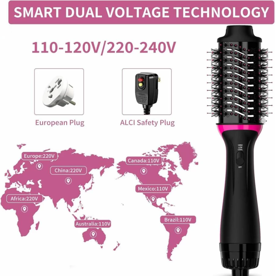 SHOSHE 3-in-1 Hair Dryer Brush with Negative Ion Technology, Ceramic Oval Hot Air Styler for Frizz-Free Drying & Straightening - Black Pink Salon Blow Dryer