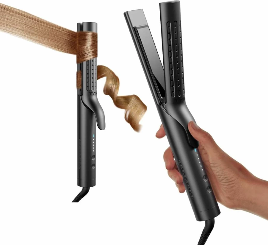 TYMO Titanium Flat Iron & Curling Wand 2-in-1 - 1.25 Inch Dual Voltage Hair Straightener with 54M Ionic Technology, Anti-Scald Design for Short Hair, Travel-Friendly for Women (Black)