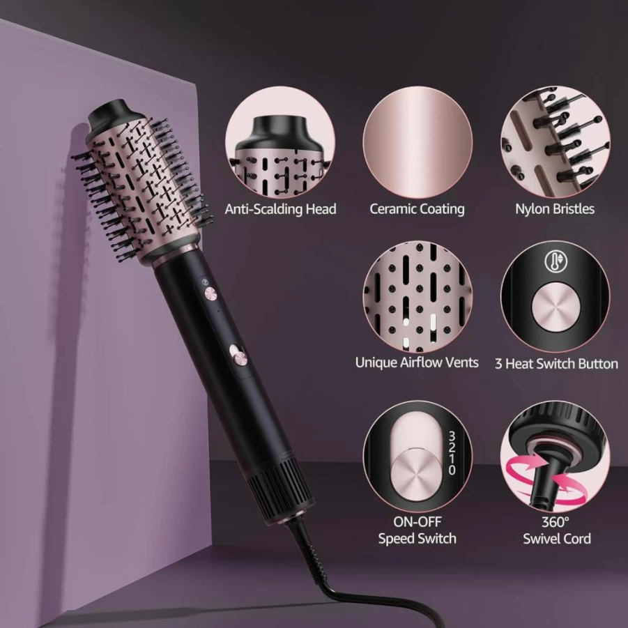 SKIMI Blow Dry Brush - 110,000 RPM High-Speed Hair Dryer & Styler for Drying, Curling, Volumizing, Straightening (Black & Pink)