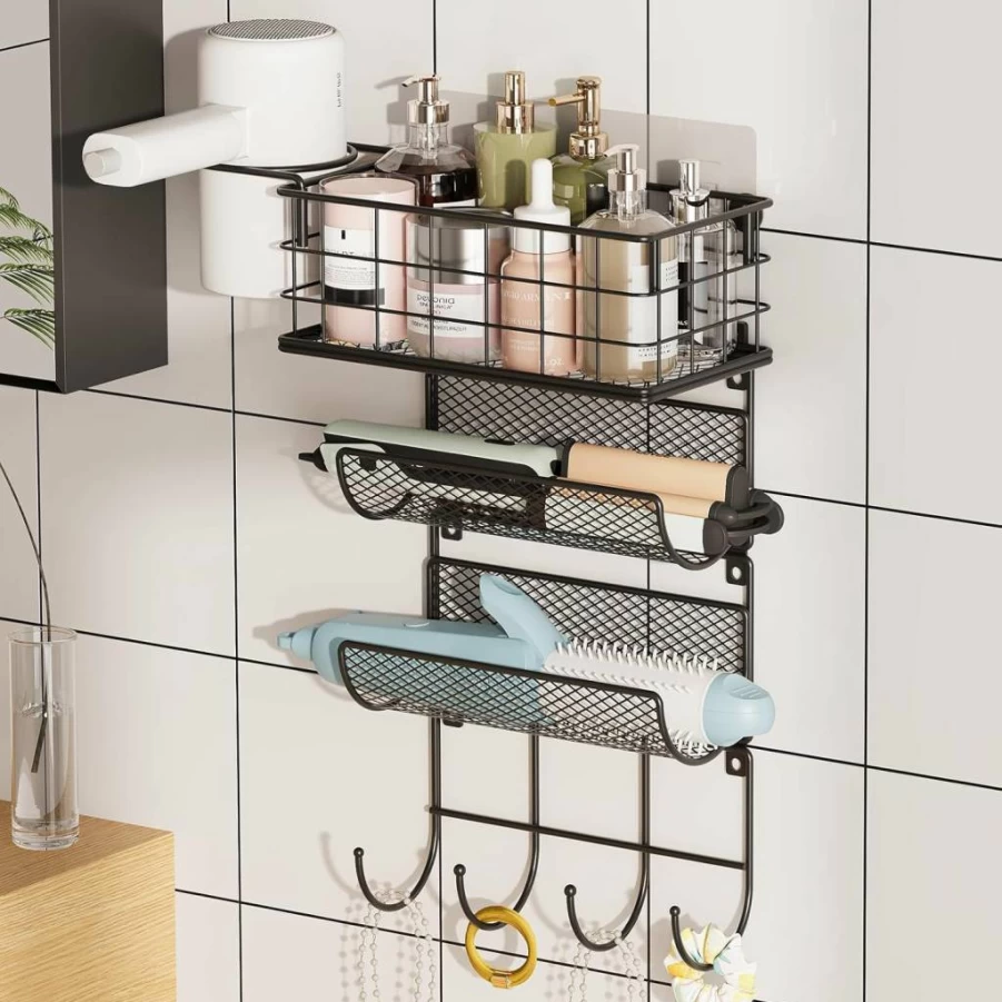 Sonyabecca Wall-Mounted 4-Tier Heat Resistant Hair Tool Organizer for Straighteners, Curling Irons & Beauty Accessories - Bathroom & Kitchen Storage Rack with Hooks
