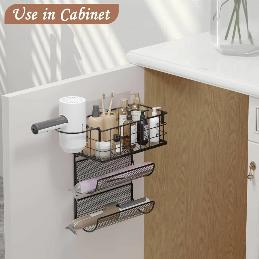 Sonyabecca Wall-Mounted 4-Tier Heat Resistant Hair Tool Organizer for Straighteners, Curling Irons & Beauty Accessories - Bathroom & Kitchen Storage Rack with Hooks