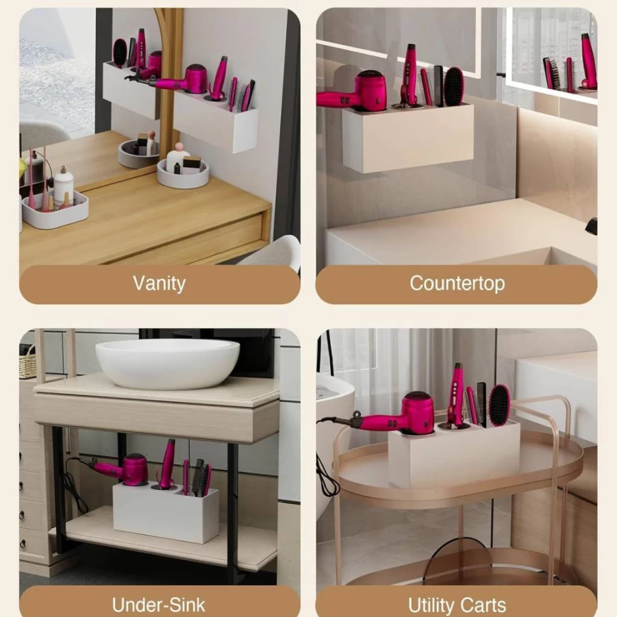 ZASIMO Acrylic Wall Mount Hair Tool Organizer with 2 Stainless Steel Cups - Holder for Hair Dryer, Straightener, Flat Iron & Curling Wand