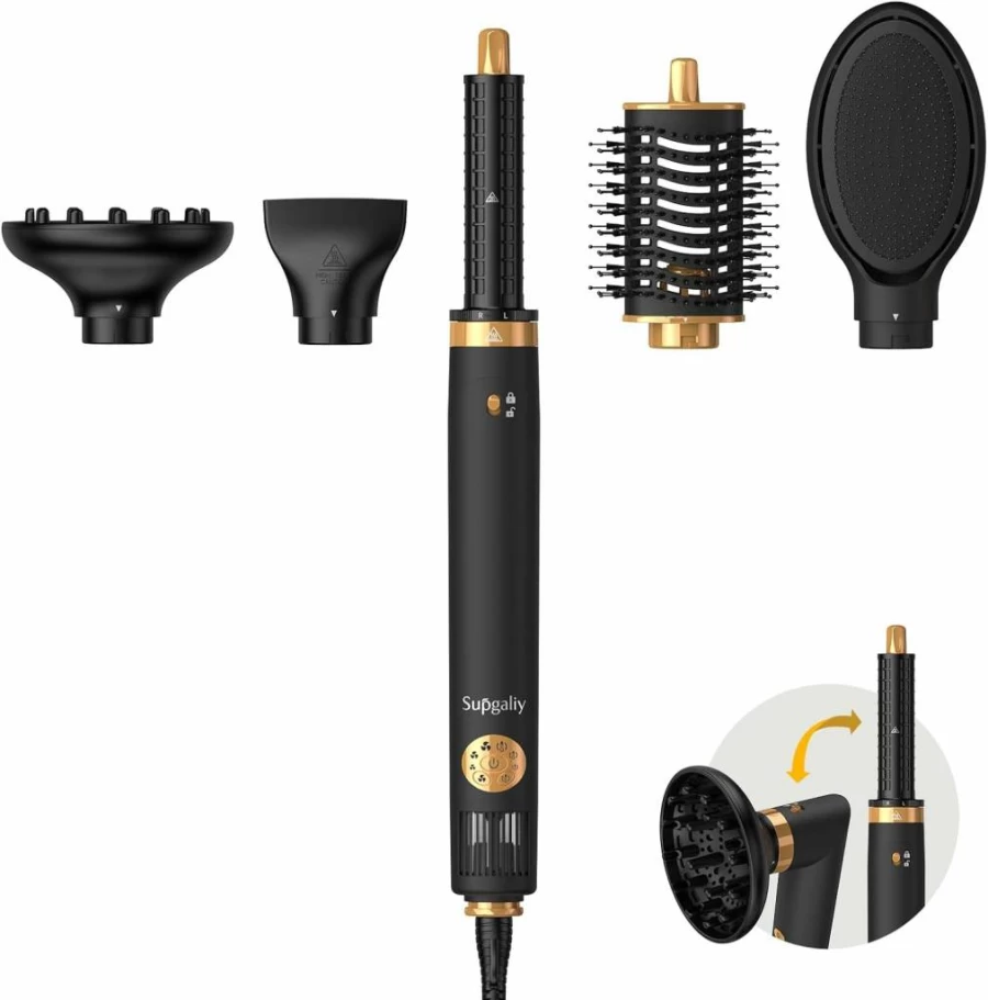 SUPGALIY 5-in-1 Hair Dryer Brush & Styler Set with Auto-Wrap Curler, High-Speed 110,000 RPM Motor, Cushion Massager, Oval Brush, Diffuser & Nozzle Attachments - Black