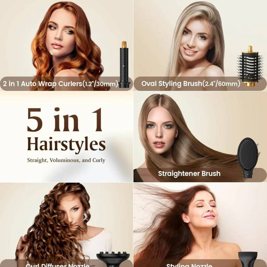 SUPGALIY 5-in-1 Hair Dryer Brush & Styler Set with Auto-Wrap Curler, High-Speed 110,000 RPM Motor, Cushion Massager, Oval Brush, Diffuser & Nozzle Attachments - Black