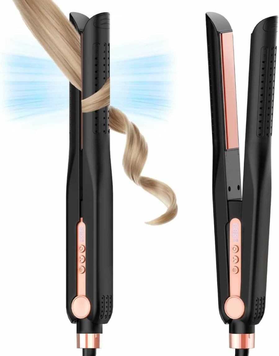 SKIMI Titanium Flat Iron & Curling Iron with Airflow Cooling Vents, 5 Temperature Settings, Dual Voltage, Auto Shutoff - Professional Hair Styler for Straight & Curly Hair (Black & Pink)