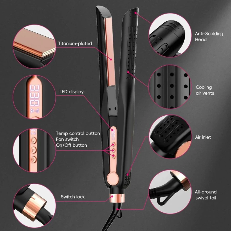 SKIMI Titanium Flat Iron & Curling Iron with Airflow Cooling Vents, 5 Temperature Settings, Dual Voltage, Auto Shutoff - Professional Hair Styler for Straight & Curly Hair (Black & Pink)