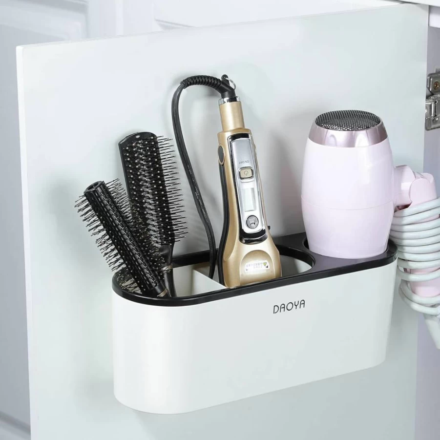 DAOYA White Hair Dryer Holder - Bathroom Tool Organizer for Blow Dryer, Curling Iron & Styling Tools, Space-Saving Cabinet Door Storage