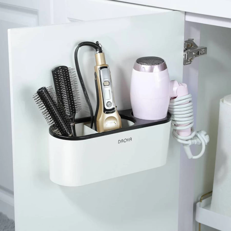 DAOYA White Hair Dryer Holder - Bathroom Tool Organizer for Blow Dryer, Curling Iron & Styling Tools, Space-Saving Cabinet Door Storage
