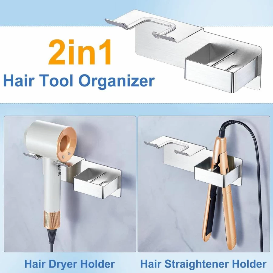 XILIMEN Wall Mounted Hair Tool Holder - Adhesive Stainless Steel Organizer for Hair Dryer, Straightener, Flat Iron & Curling Iron - Bathroom & Bedroom Storage Solution