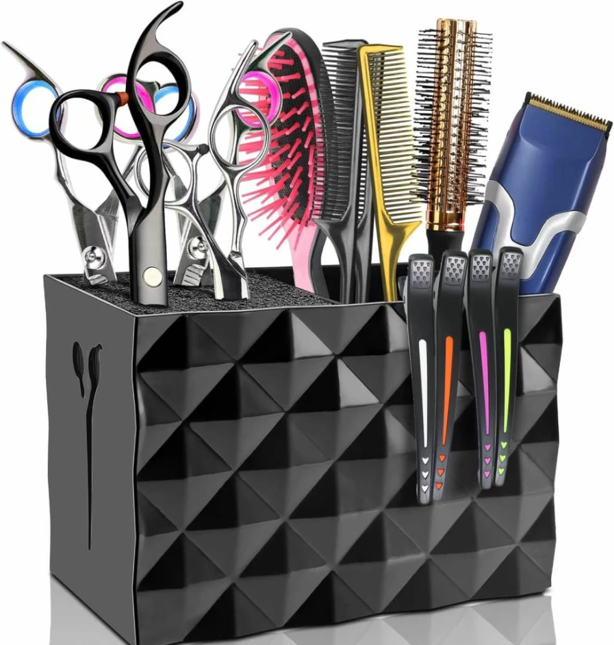 NICEMOVIC Professional Barber Scissors Holder Box – Salon Organizer for Hairdressing Shears, Combs, Clips & Brushes – Black Storage Rack for Styling Tools