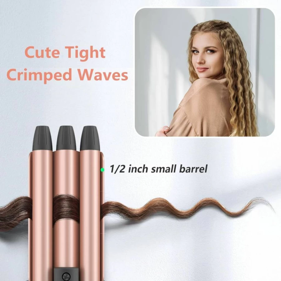 CIVEYA Mini Crimper for Short Hair - 1/2 Inch 3 Barrel Waver with Argan Oil, Easy Use Curling Iron for Small Beach Waves