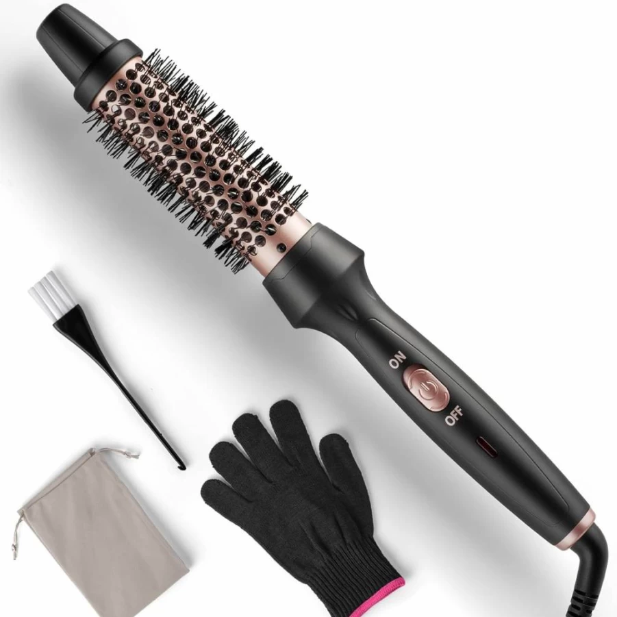 LOVANI Pro Heated Round Brush 1.25 Inch Ceramic Tourmaline Ionic Hot Air Styler for Blowout Curls Fast Heating Dual Voltage Thermal Brush for Short & Long Hair (Black)
