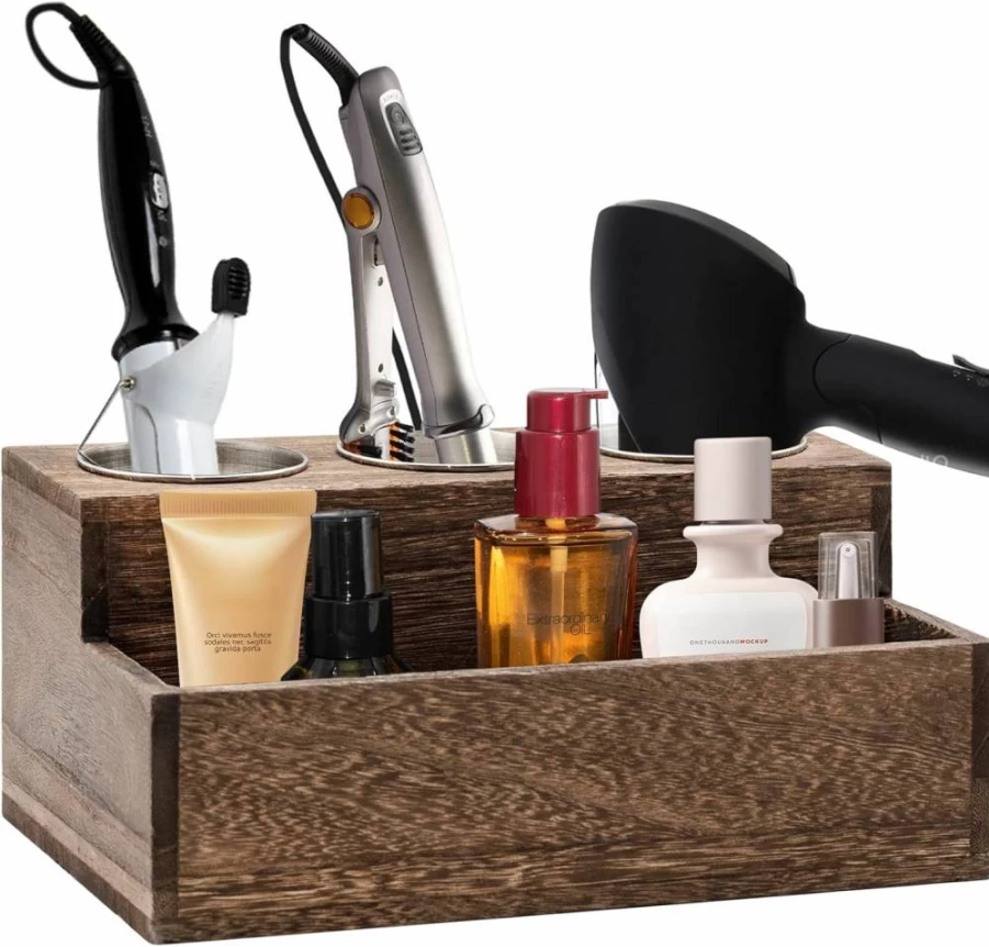 RJMKD Wooden Hair Dryer Holder - Bathroom Vanity Organizer with 3 Holes for Hair Tools, Storage Compartment for Hair Accessories, Countertop Rustic Decor
