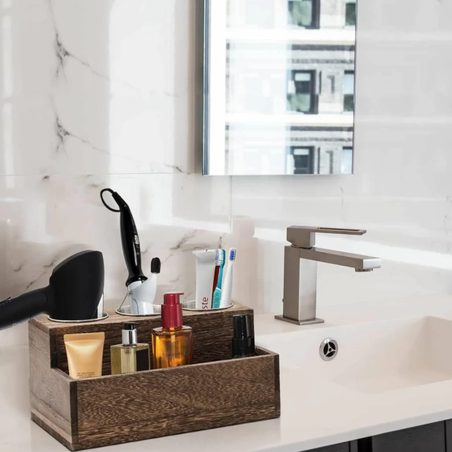 RJMKD Wooden Hair Dryer Holder - Bathroom Vanity Organizer with 3 Holes for Hair Tools, Storage Compartment for Hair Accessories, Countertop Rustic Decor