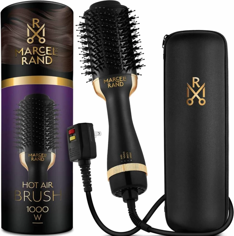 MARCEL RAND Professional 2-in-1 Oval Hair Brush & Blow Dryer for Women - 75mm Volumizing Styler with Hard Travel Case & Gift Box (Black & Gold)