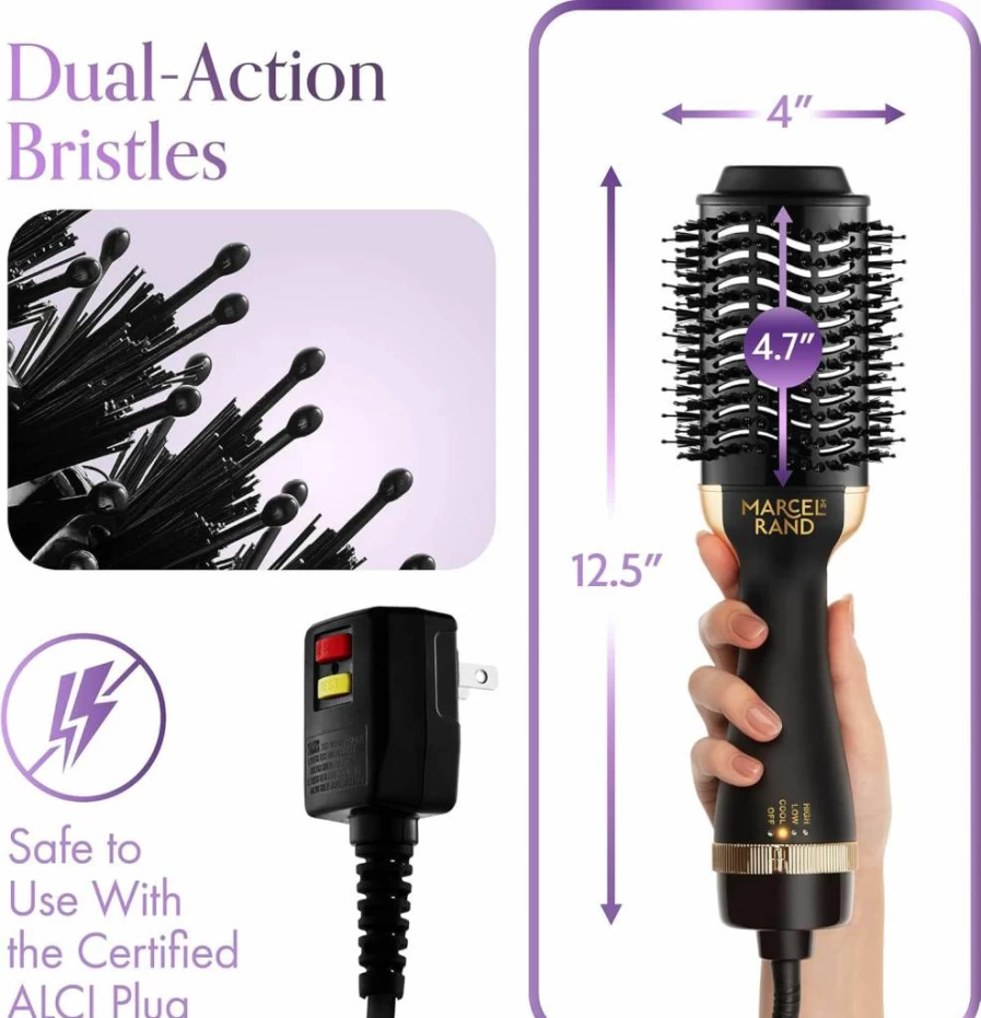 MARCEL RAND Professional 2-in-1 Oval Hair Brush & Blow Dryer for Women - 75mm Volumizing Styler with Hard Travel Case & Gift Box (Black & Gold)