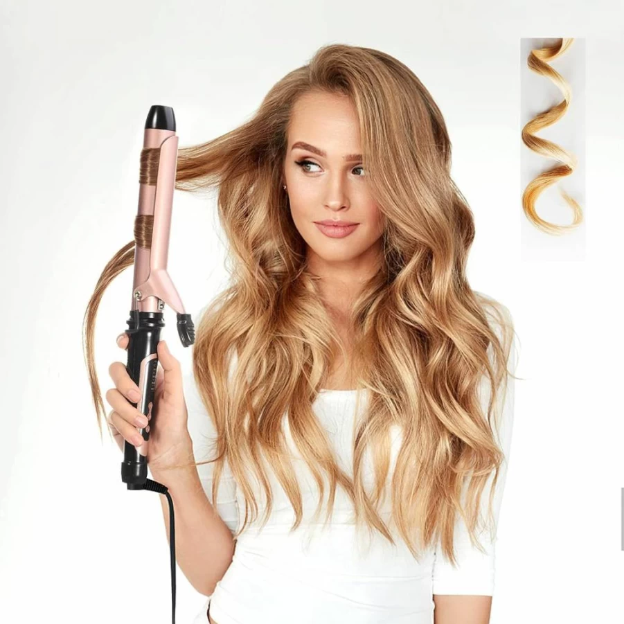 LANVIER Rose Gold 1.25 Inch Tourmaline Ceramic Hair Curling Iron, Professional 450°F Dual Voltage Travel Curler for Women, Long Barrel Hair Styler for Waves & Curls