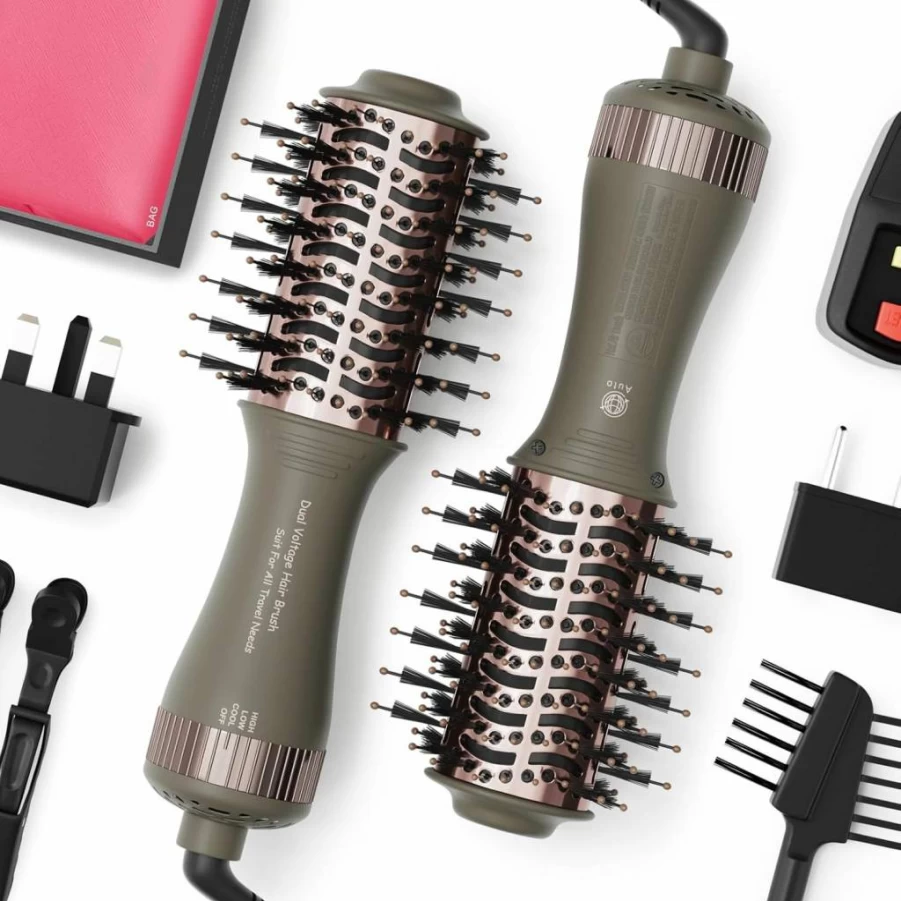 Madremia 4-in-1 Travel Hair Dryer Brush - Dual Voltage Mini Blow Dryer Styler with Hot Air Straightener & Curler, Titanium 2-Inch Volumizer for Blowouts, 110-240V for US/EU/UK (Portable International Use)