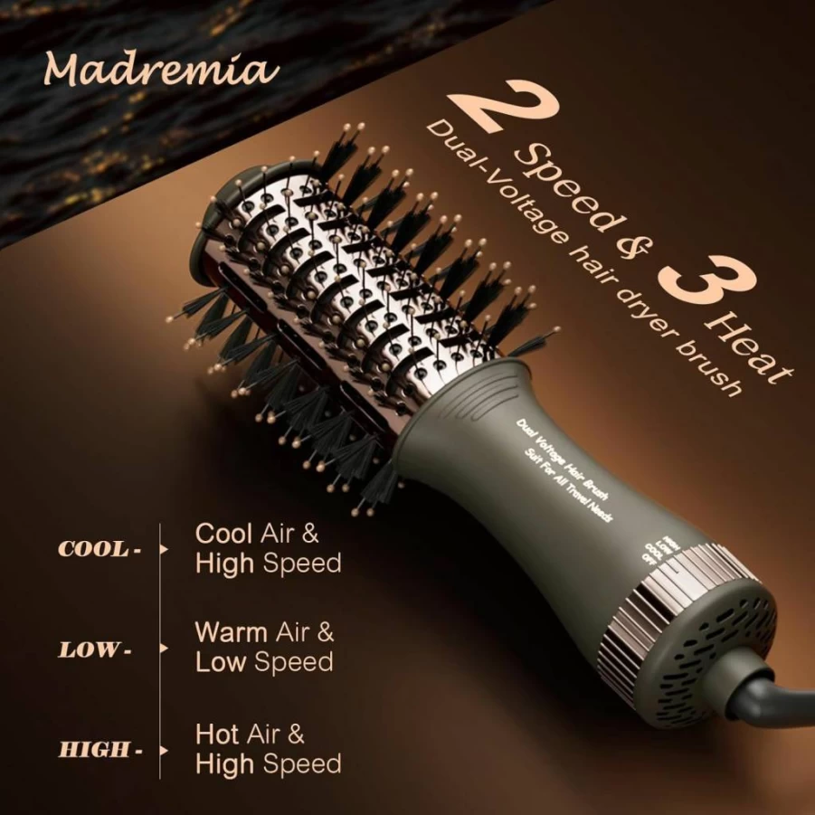 Madremia 4-in-1 Travel Hair Dryer Brush - Dual Voltage Mini Blow Dryer Styler with Hot Air Straightener & Curler, Titanium 2-Inch Volumizer for Blowouts, 110-240V for US/EU/UK (Portable International Use)