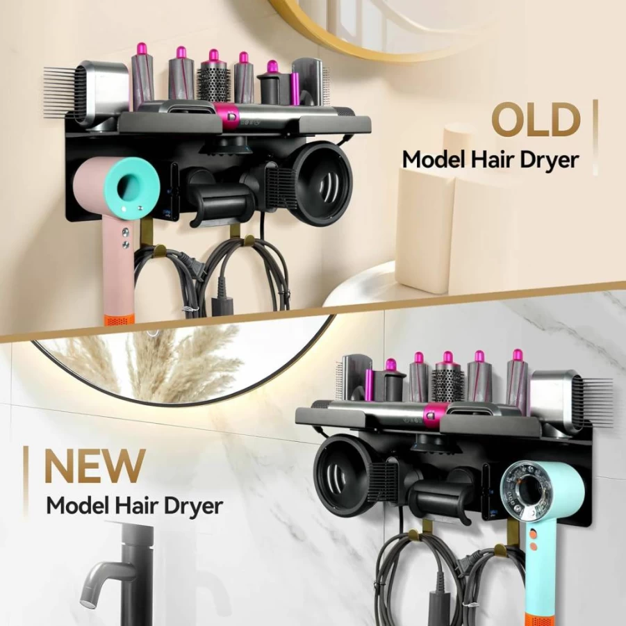Belicheto Wall Mounted Hair Tool Organizer - 2-in-1 Dyson Airwrap & Hair Dryer Holder with Magnet & Hook, Bathroom Styler Stand for Curling Iron & Accessories, Compatible with HD16