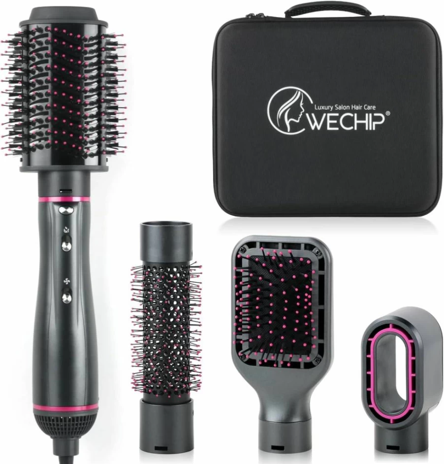 WeChip 4-in-1 Detachable Negative Ionic Hair Dryer Brush for Volumizing, Straightening, Drying & Curling with Carrying Case (Yellow)