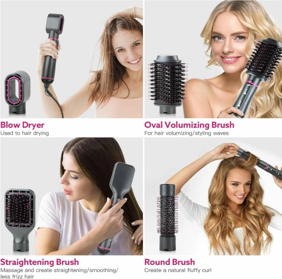 WeChip 4-in-1 Detachable Negative Ionic Hair Dryer Brush for Volumizing, Straightening, Drying & Curling with Carrying Case (Yellow)