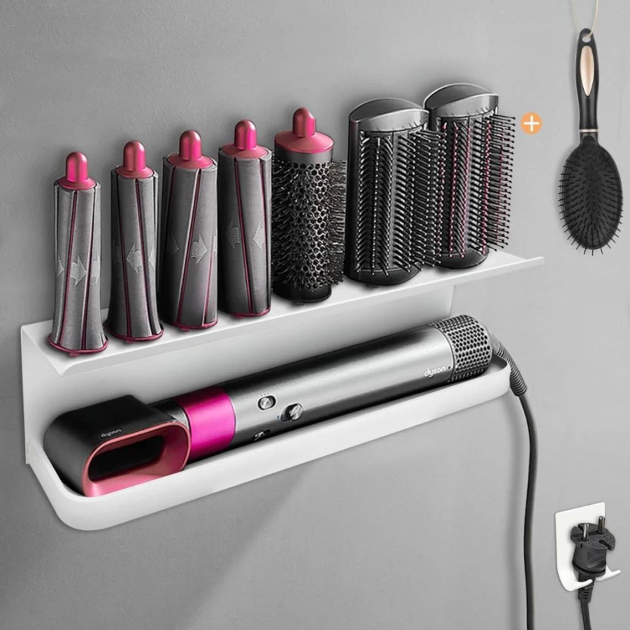 Yimerlen Wall Mounted Dyson Airwrap Holder - Organizer Stand for Hair Styler, Attachments & Comb, Bathroom Shelf Storage Rack, White