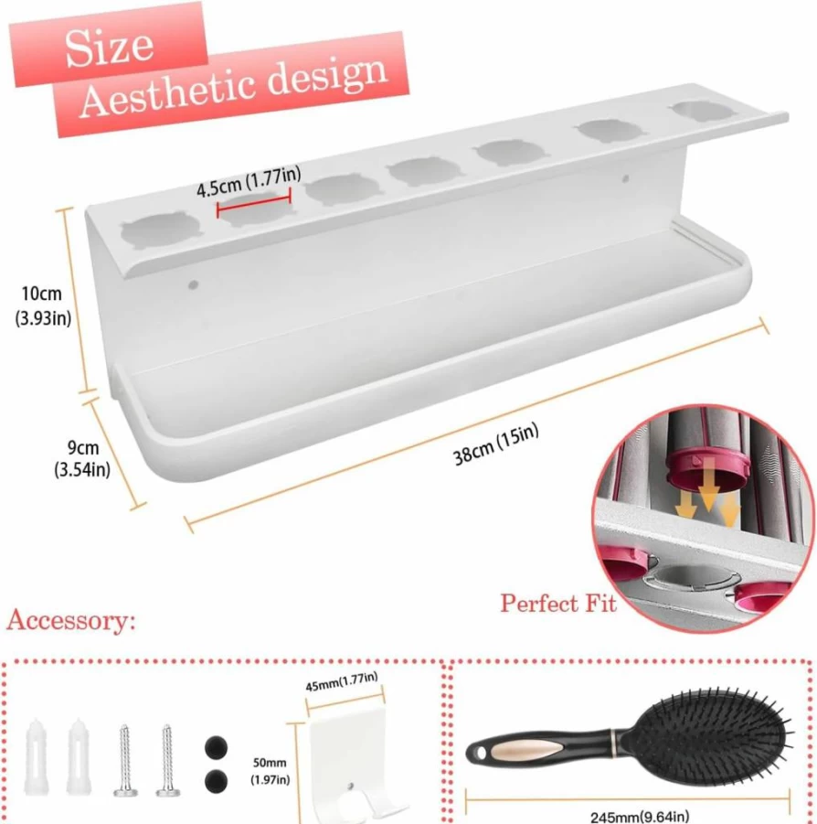 Yimerlen Wall Mounted Dyson Airwrap Holder - Organizer Stand for Hair Styler, Attachments & Comb, Bathroom Shelf Storage Rack, White