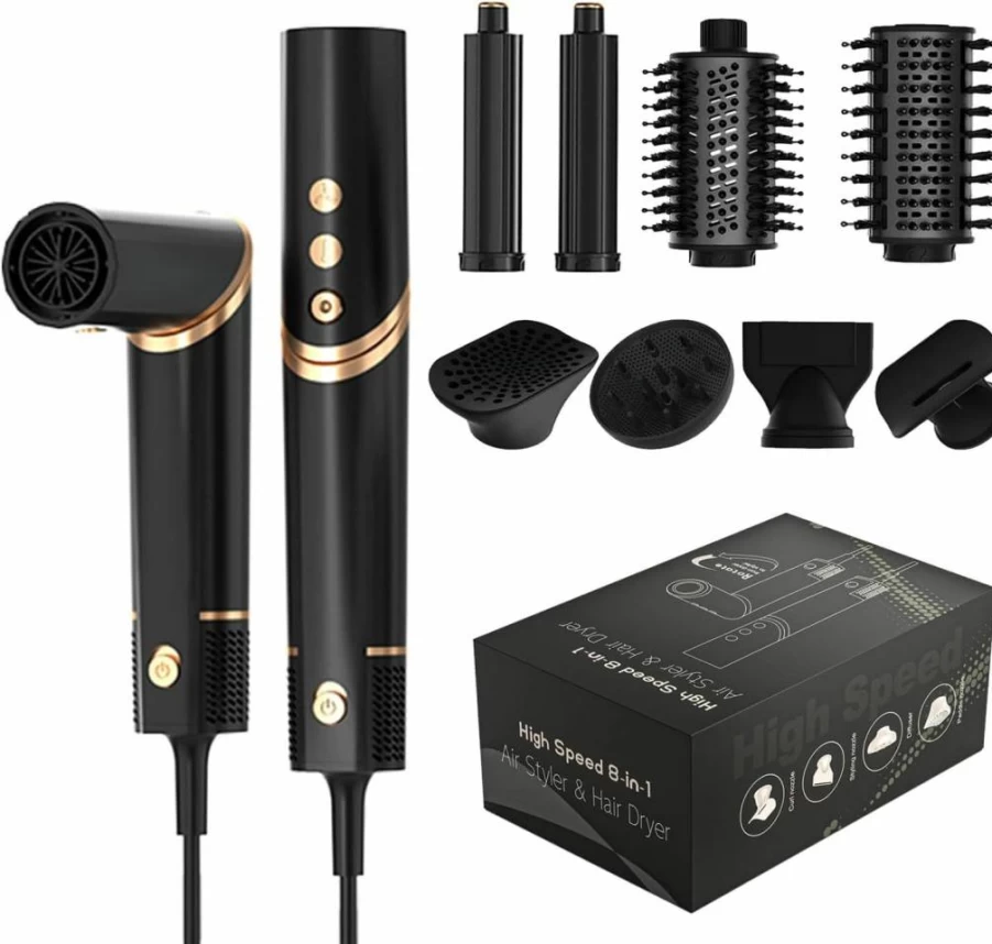 AKJ 8-in-1 Hot Air Brush: High-Speed 110K RPM Ionic Hair Dryer & Styler for Drying, Straightening, Curling, Volumizing (Champagne)