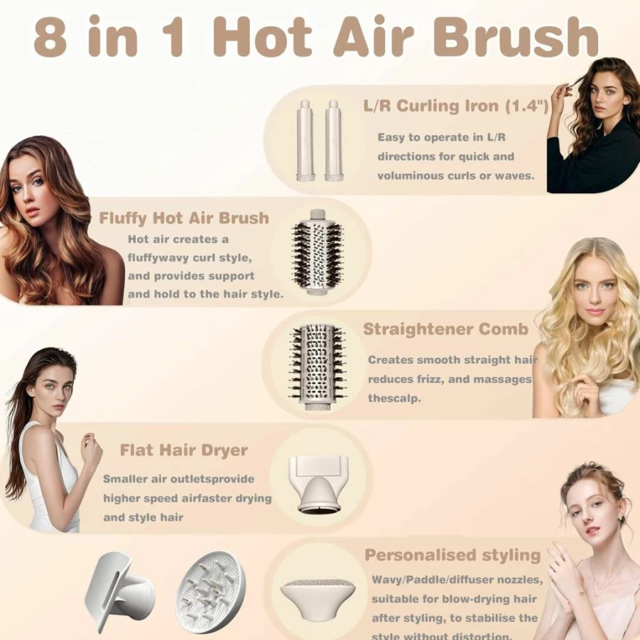AKJ 8-in-1 Hot Air Brush: High-Speed 110K RPM Ionic Hair Dryer & Styler for Drying, Straightening, Curling, Volumizing (Champagne)
