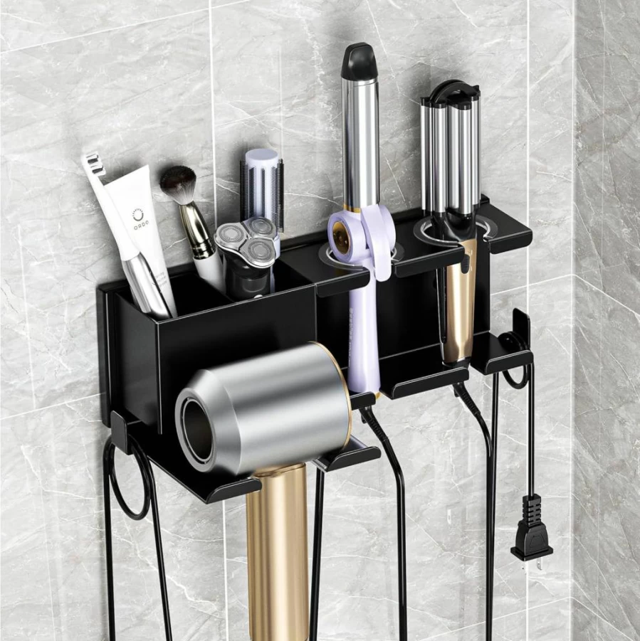 MAYZOLOP Wall Mounted Hair Dryer Holder - Bathroom Organizer for Blow Dryer, Curling Iron & Styling Tools, Space-Saving Hook Hanger with Strong Adhesive