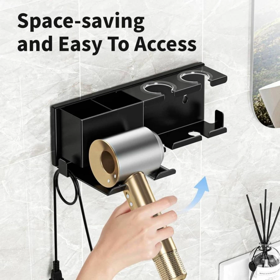 MAYZOLOP Wall Mounted Hair Dryer Holder - Bathroom Organizer for Blow Dryer, Curling Iron & Styling Tools, Space-Saving Hook Hanger with Strong Adhesive