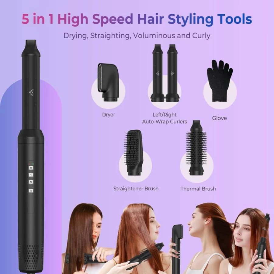 OKWRAP 5-in-1 Hot Air Brush - High Speed Hair Dryer & Styler with Auto-Rotating Curler for Straightening, Volumizing & Fast Drying (110,000 RPM)