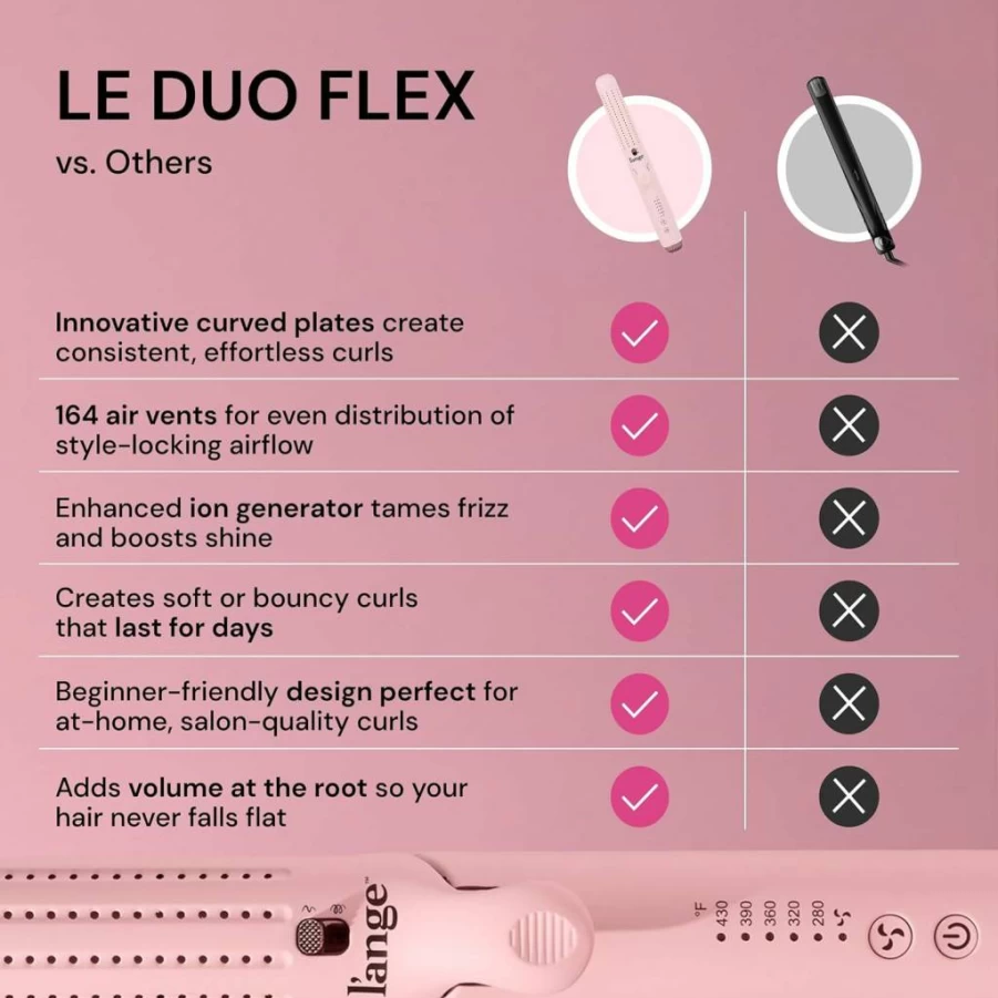 L'ANGE HAIR Le Duo Flex 360 Airflow Titanium Curling Iron - Adjustable Heat Settings for Waves & Volume, Dual Voltage Styler for All Hair Types