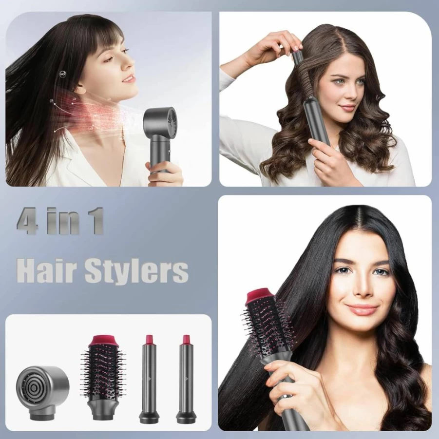 4-in-1 Ionic Hair Dryer Brush & Curling Wand Set - Fast Drying, Styling, Volumizing & Straightening Blow Dryer Styler for Salon Results