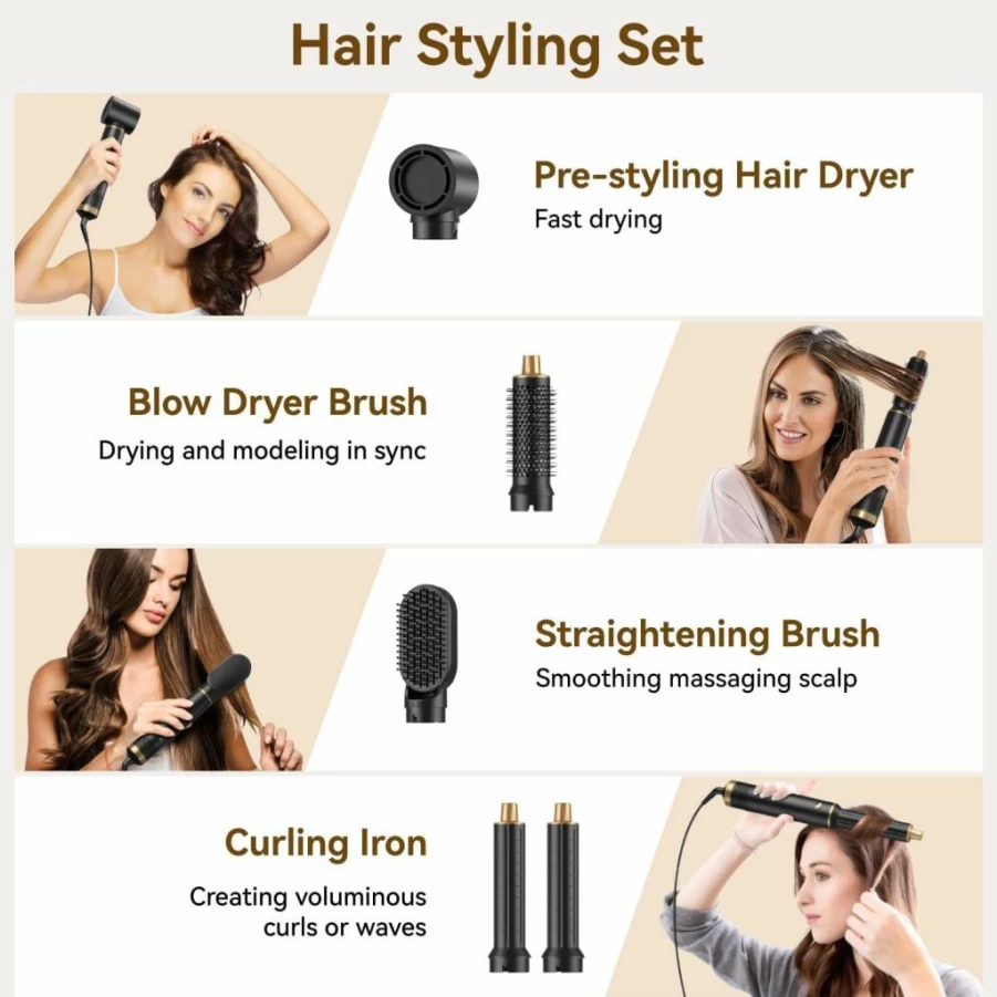 JINYAWA Pro 5-in-1 Air Styler & Ionic Hair Dryer Brush Set - 800W Heat Protect Hair Styling Tool for Fast Drying, Curling, Volumizing & Straightening