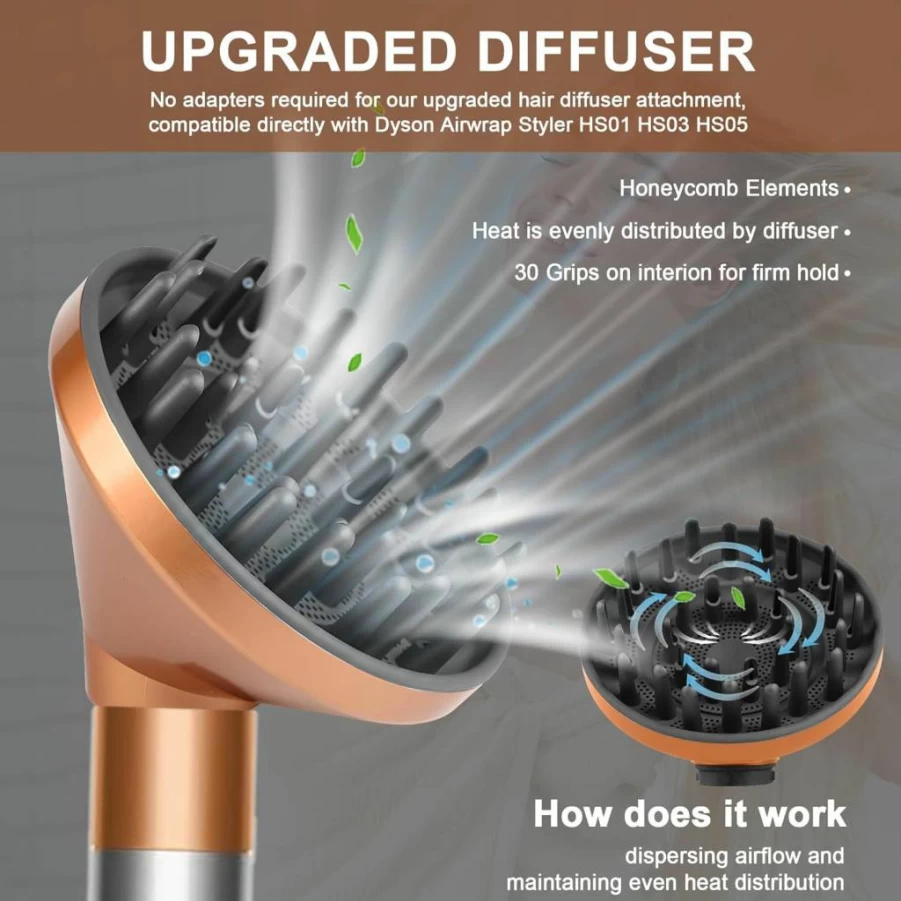 WAJIAYON Dyson Airwrap Diffuser Attachment for HS01 HS03 HS05 - Faster Drying Big Nozzle Hair Dryer Converter - Fuchsia Pink