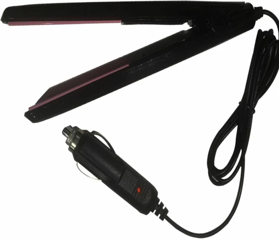Unifizz 12V Travel Hair Straightener - Portable Car Flat Iron for Styling, Dual Voltage, Compact Design (Black & Pink)