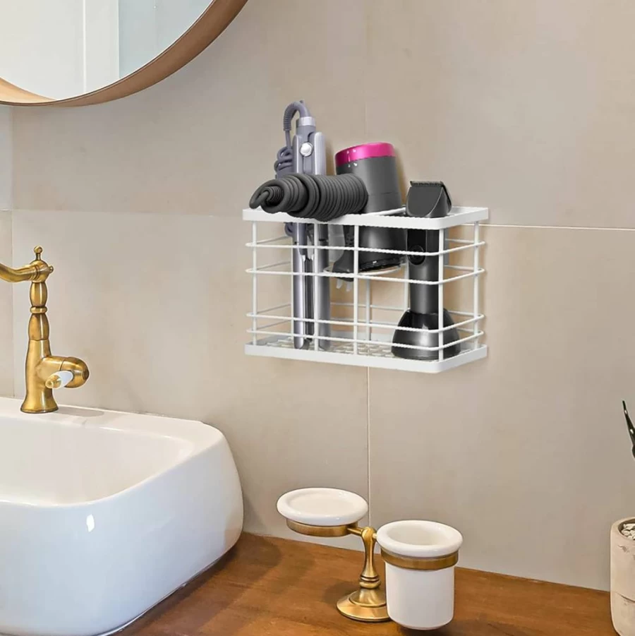 Wetheny Wall Mounted Hair Dryer Holder - Rustproof Bathroom Organizer for Blow Dryers, Flat Irons & Curling Tools, Space-Saving Cabinet/Door Storage