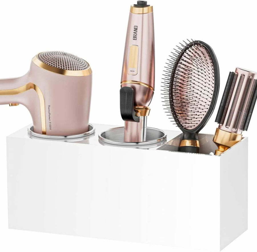 YUNEASELF Acrylic Hair Tool Organizer Wall Mount - Bathroom Styling Tools Holder for Hair Dryer, Curling Iron, Flat Iron - White Countertop & Cabinet Door Storage