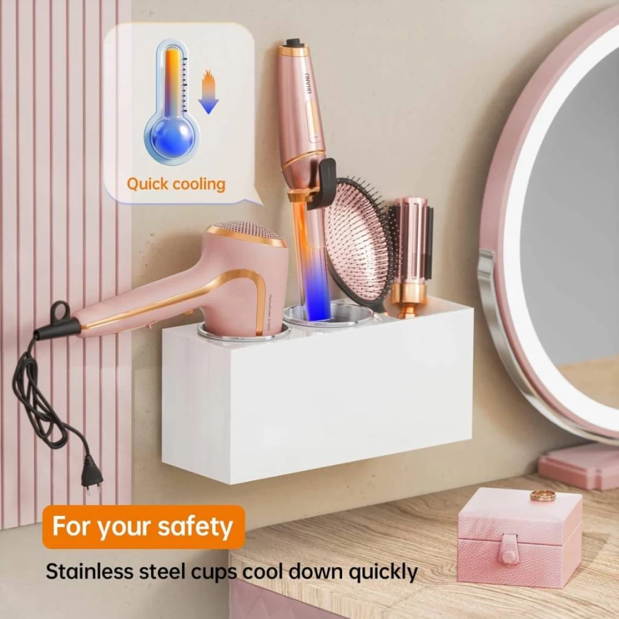 YUNEASELF Acrylic Hair Tool Organizer Wall Mount - Bathroom Styling Tools Holder for Hair Dryer, Curling Iron, Flat Iron - White Countertop & Cabinet Door Storage